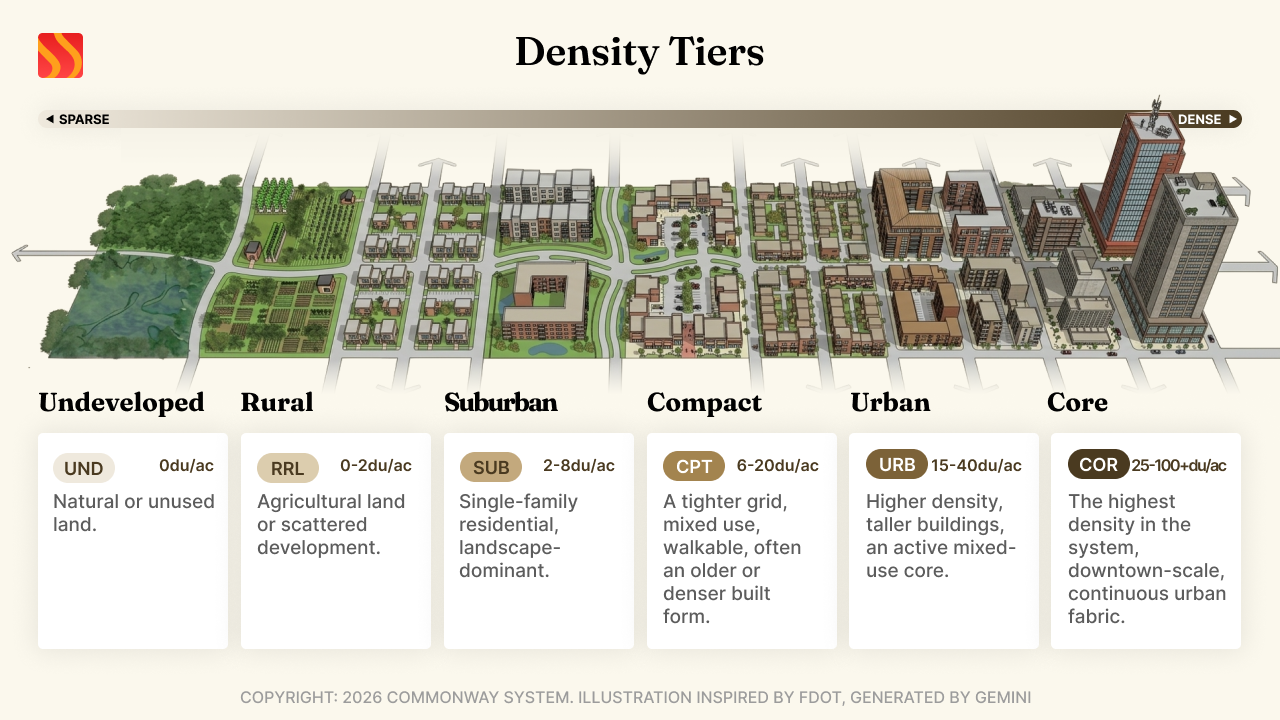 Commonway System density tiers diagram showing six levels of development from Undeveloped to Core.
