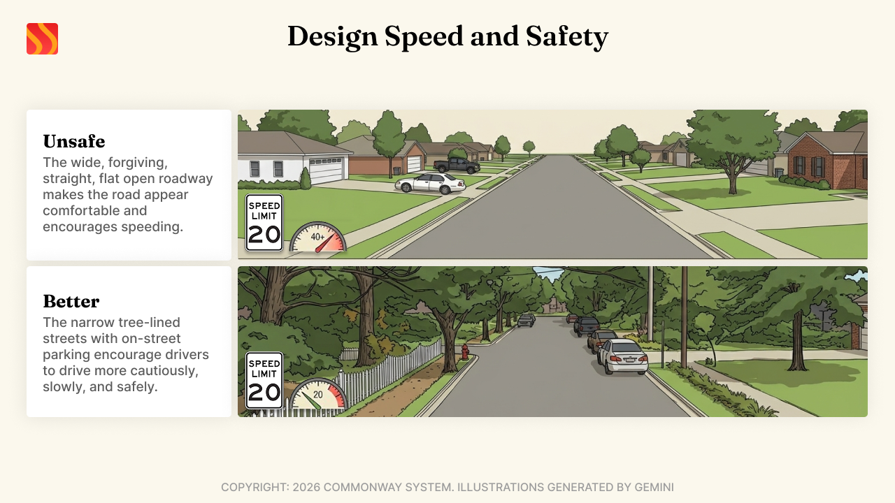 Commonway System design speed diagram showing the relationship between design speed, operating speed, and posted speed limit.