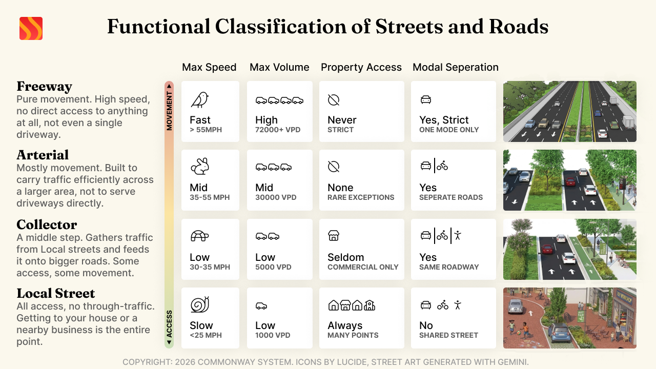Commonway System functional classification diagram showing four classes of streets and roadways: Freeways, Arterials, Collectors, and Local Streets, while describing their differences.