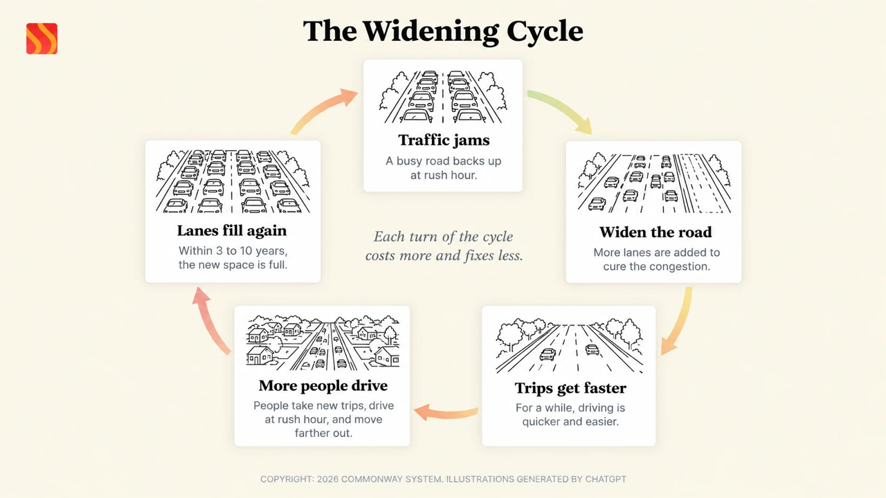 Commonway System diagram of the widening cycle: traffic jams lead to widening, trips get faster, more people drive, and the lanes fill again, returning to traffic jams.